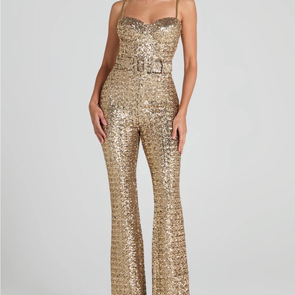 NADINE MERABI Lucinda Gold Sequin Glam Jumpsuit